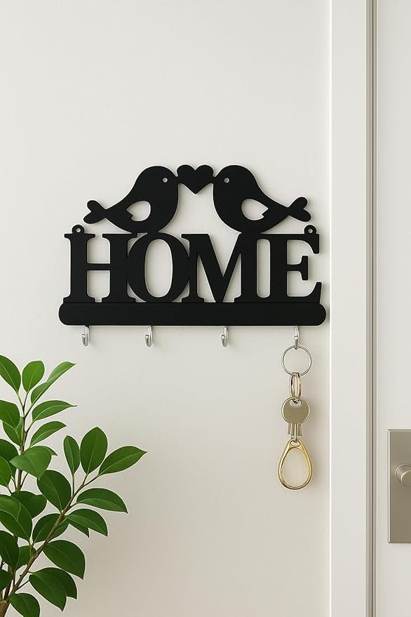 علاقة مفاتيح حائط ديكور خشب MDF من HFR Artech تصميم Homeمع عصافير الحب مزودة بـ 4 خطافات مقاس 25×15 سم تعليق سحري بلاصق دبل فيس قوي بدون مسامير أو تكسير قطعة واحدة باللون الأسود الملكي