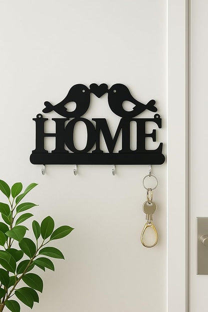 علاقة مفاتيح حائط ديكور خشب MDF من HFR Artech تصميم Homeمع عصافير الحب مزودة بـ 4 خطافات مقاس 25×15 سم تعليق سحري بلاصق دبل فيس قوي بدون مسامير أو تكسير قطعة واحدة باللون الأسود الملكي
